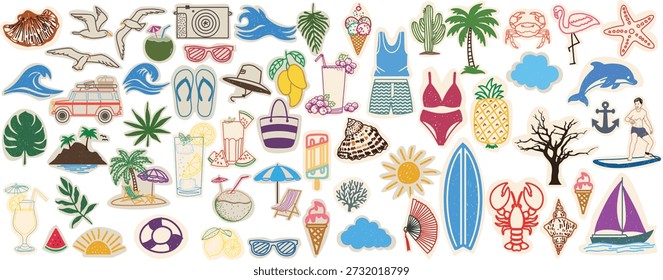 Handgezeichnete bunte Sommerelemente Scrapbook Vektor Doodle-Sammlung mit Strand-Symbol, tropische Früchte, Meereswelle, Reiseartikel und Urlaub wesentlich. Perfekt für Aufkleber, Poster und saisonales Design.