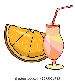 Hand drawn colorful summer illustration of a summer cocktail with an orange slice