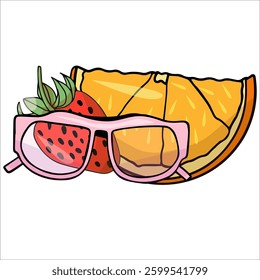 Hand drawn colorful summer illustration of summer sunglasses with an orange slice and strawberry
