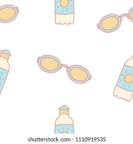 Hand drawn colorful summer style sunglasses with sun tan lotion. Vector seamless pattern on a white background.