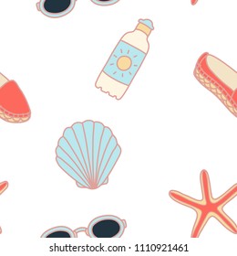 Hand drawn colorful summer style sunglasses, sea star, sea shell, tan, star fish and red shoe. Vector seamless pattern on a white background.	