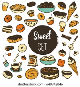 Hand drawn colorful sweet set doodle, Cupcake, cake, ice cream, tea, coffee, candy, sandwich