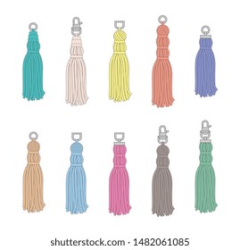 Hand drawn colorful tassel set - isolated flat drawings of textile tassels with metal latches, rope ornament with flowing thread skirt - vector illustration