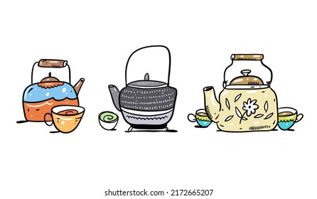 Hand drawn colorful tea pots set. Sketch art. Vector illustration.