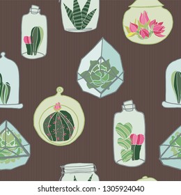 Hand drawn colorful terrarium collection on a brown earth tone striped background. Seamless vector pattern. Great for textile, home decor, fashion and stationery, backdrops, web.