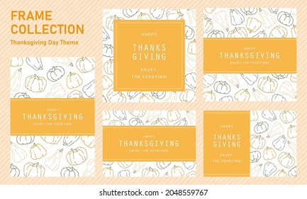 Hand Drawn Colorful Thanksgiving Line Art Pumpkin Frame and Message Card - Vector Image