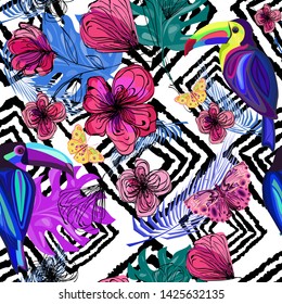 hand drawn colorful toucans, flowers, tropical leaves on black rhombus background, vector seamless pattern
