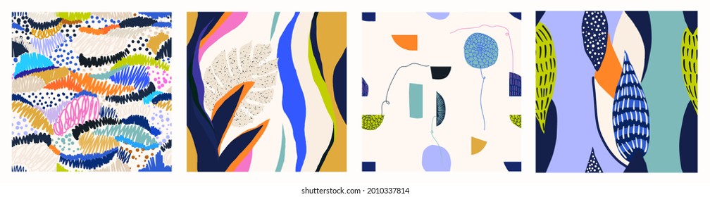 Hand drawn colorful trendy abstract pattern set. Fashionable template for design. Modern cartoon style. 