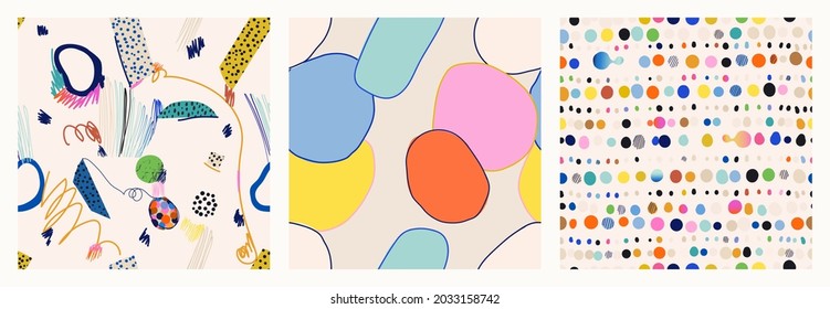 Hand drawn colorful trendy abstract pattern set. Doodle vector template for design. Modern cartoon style. 