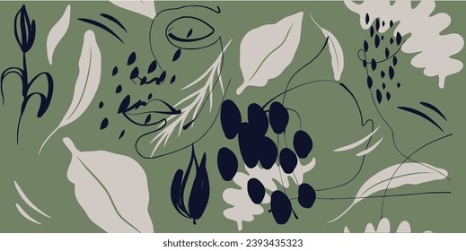  Hand drawn colorful trendy abstract pattern. Doodle faces template for design. Modern cartoon floral style. 