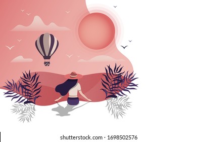 Hand drawn colorful tropical banner.  Vector isolated summer print with sun, hot air balloon, palm leaves and girl sitting in the beach and looking in the sky. Paradise border for invitation card.