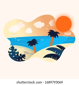Hand drawn colorful tropical beach banner. Summer print with sun, sand, palm leaves and trees, sea and clouds in the sky. Paradise border for invitation card. 