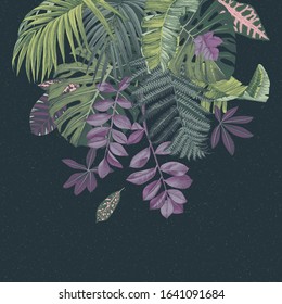 Hand drawn colorful tropical leaves and plants on dark background . Vector illustration