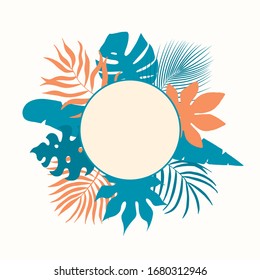 Hand drawn colorful tropical leaves frame. Aralia, monstera, banana, coconut palm leaf border for invitation card. Vector isolated illustration in blue and orange colors.