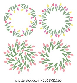 Hand drawn Colorful tulips Circle Frames and Round Background in trendy springtime shades. Set of 4