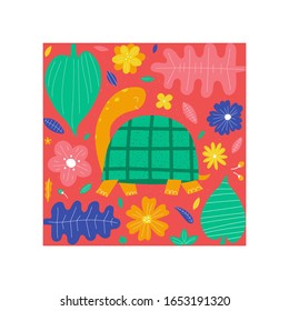 Hand drawn colorful turtle with flowers and leaves. Cute kids style  template design. Vector illustration