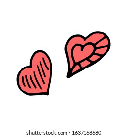 Hand drawn colorful two red hearts isolated on a white background. Doodle, simple outline illustration. It can be used for decoration of textile, paper and other surfaces.
