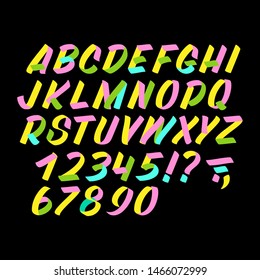 Hand drawn colorful typeface on black background. Brush sign painted vector characters: lowercase and uppercase. Typography alphabet for your designs: logo, typeface, card