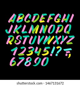 Hand drawn colorful typeface on black background. Brush sign painted vector characters: lowercase and uppercase. Typography alphabet for your designs: logo, typeface, card
