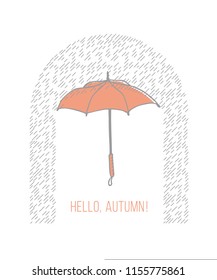Hand drawn colorful umbrella concept with inscription and rain of slanting lines in arch shape isolated vector illustration