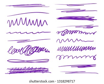 Hand drawn colorful underlines on white. Stroke chaotic patterns. Colored illustration. Sketchy elements for posters and flyers