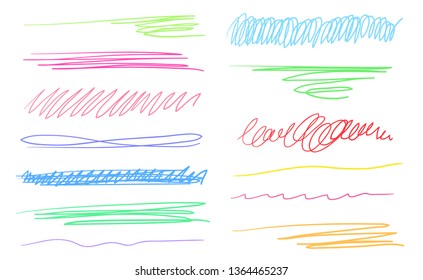 Hand drawn colorful underlines on white. Stroke chaotic patterns. Colored illustration. Sketchy elements for posters and flyers