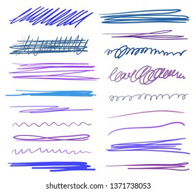 Hand drawn colorful underlines on white. Stroke chaotic patterns. Colored illustration. Sketchy elements for design