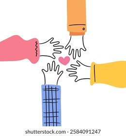 Hand drawn Colorful Hand Unity Illustration – Symbol of Teamwork, Friendship, and Support. Perfect for charity donation campaigns, social awareness posters, community projects, and collaborative work.