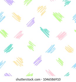 Hand drawn colorful various diagonal scrawl, scratch, hatch, scribble seamless repeat vector pattern. Cute uneven zigzag pen, pencil strokes texture. Doodle style abstract multicolored background. 