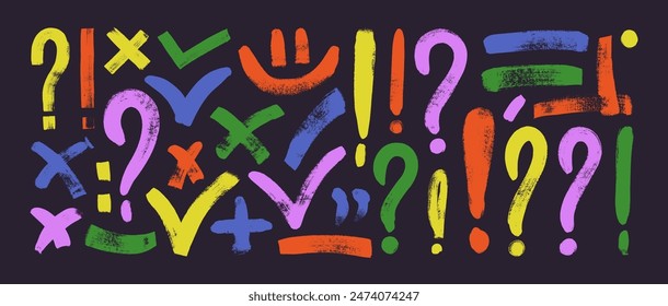 Hand drawn colorful various punctuation signs, check marks, exclamation and question marks, brackets. Brush drawn bold sign collection. Doodle grunge style underline elements and rough symbols.