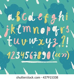 Hand drawn colorful vector ABC letters set on decorative grungy background with clouds. Grungy textured childish font and figures for your design.