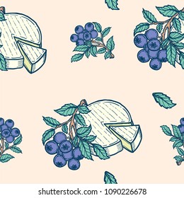 Hand drawn colorful vector background illustration of blueberries branch leaves and cheese head. Seamless pattern on a beige background.
