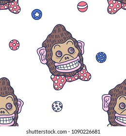 Hand drawn colorful vector background illustration of joggling crazy funny brown circus monkey with red tie and joggler balls happy birthday party. Seamless pattern on a white background.