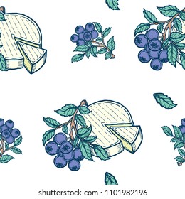 Hand drawn colorful vector background illustration of blueberries branch leaves and cheese head. Seamless pattern on a white background.	
