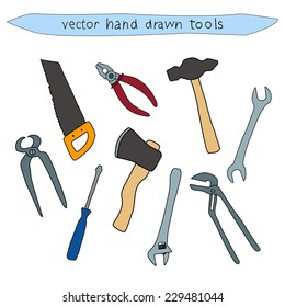 Hand drawn colorful vector household tool set of a hammer, ax, saw, screwdriver, pliers and wrench isolated on white 