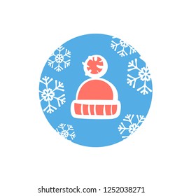 
Hand drawn colorful vector icon of winter hat with snowflakes 