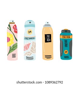 Hand drawn colorful vector illustration of deodorants for men and woman for body care. Cartoon, doodle