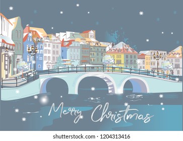 Hand drawn colorful vector Illustration of the romantic street in winter with a view of a bridge and a frozen river. Christmas greeting card. 