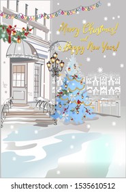 Hand drawn colorful vector Illustration of the romantic street with snowy buildings in winter. Christmas greeting card. 