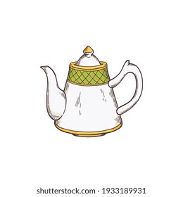 Dibujo a mano de una colorida ilustración vectorial de un hervidor vintage. Utensilios de cocina para la fiesta del té. Icono de tetera aislada en estilo retro.