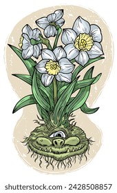 Hand drawn colorful vector illustration with engraved funny demon or gnome face as root of beautiful spring flower of Narcissus isolated on white, garden fantasy concept