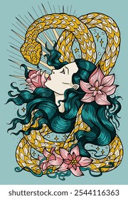 Hand drawn colorful vector illustration with beautiful girl and snake - symbol of the year according to eastern horoscope. Graphic artwork with esoteric, gothic and mystic concept