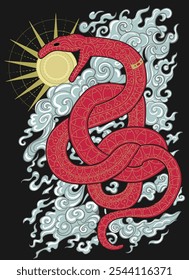 Hand drawn colorful vector illustration with sun, clouds and snake - symbol of the year according to eastern horoscope. Graphic artwork with esoteric, gothic and mystic concept