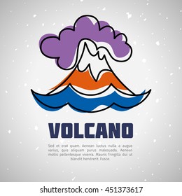 Hand drawn colorful vector illustration. The image of a volcano on the island on a gray grunge background with circles and place for text. Template for greeting cards, posters, invitations.