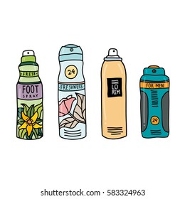 Hand drawn colorful vector illustration of deodorants for men and woman for body care