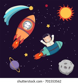 Hand drawn colorful vector illustration of a cute funny panda and bear astronauts flying in rockets in outer space, on a dark background with stars and planets. Isolated objects. Design concept kids.