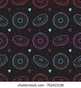Hand drawn colorful vector illustration - Seamless pattern with tasty donuts.