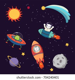 Hand drawn colorful vector illustration of a cute funny alien in a flying saucer and panda and cat astronauts in rockets, on a dark background with planets. Isolated objects. Design concept for kids.