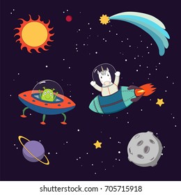 Hand drawn colorful vector illustration of a cute funny alien in a flying saucer and unicorn astronaut in a rocket, on a dark background with stars and planets. Isolated objects. Design concept kids.