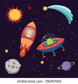 Hand drawn colorful vector illustration of a cute funny alien in a flying saucer and bear astronaut in a rocket, on a dark background with stars and planets. Isolated objects. Design concept for kids.